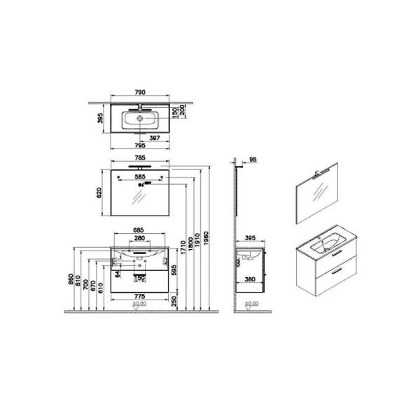 VitrA Mia 75100 Banyo Dolabı 80 Cm 2 Çekmeceli̇ Parlak Antrasit - 2